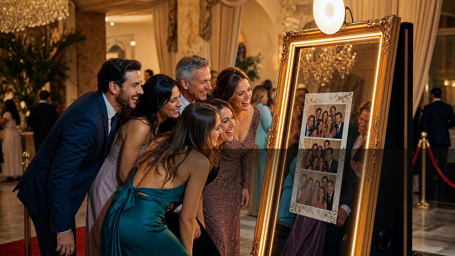 Invitados riéndose ante el espejo mágico en una boda elegante en Barcelona